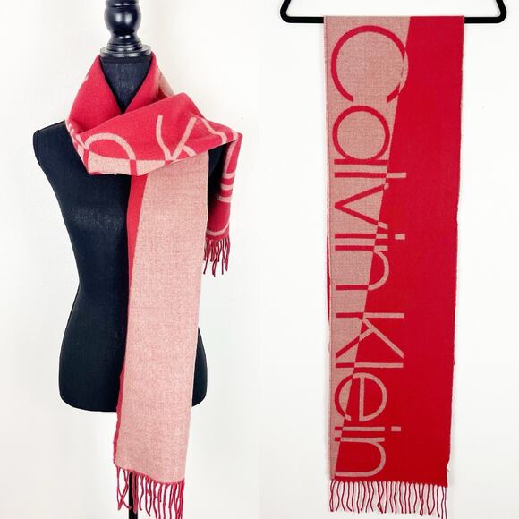 Calvin Klein Winter Scarf Fringe CK Logo Warm Wrap Cozy Peach Pink 11x66” - Picture 1 of 7